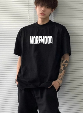 245g纯棉黑色字母印花短袖t恤男袭美式潮牌宽松重磅休闲半袖上衣