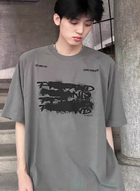 重磅纯棉深灰色短袖t恤男美式潮牌嘻哈复古涂鸦印花宽松半袖上衣