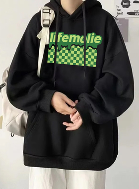 黑色美式复古青少年重磅连帽卫衣男生春秋款潮牌宽松外套高街痞帅