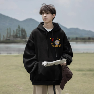 oversize国潮加绒连帽卫衣男款秋冬宽松印花帅气学生百搭外套上衣