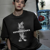 夏季 国潮牌复古重磅兔子印花短袖 t恤男生美式 宽松纯棉上衣TEE