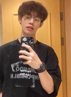 黑色245g重磅纯棉t恤短袖男生美式高街夏季2025新款潮牌潮流上衣