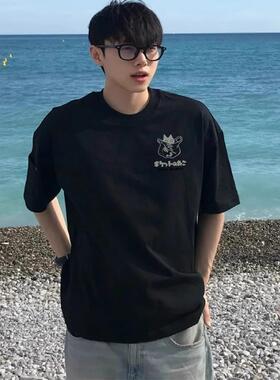 设计感重磅纯棉短袖t恤男圆领宽松黑色半袖体恤美式潮牌上衣夏季