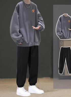 秋冬款美式圆领卫衣男套装加绒加厚休闲长裤学生潮流帅气一套百搭