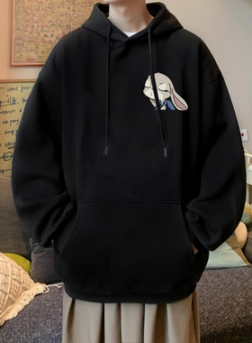 美式帅气黑色连帽卫衣男秋冬卡通印花套头帽衫外套宽松加绒上衣潮