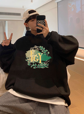 黑色连帽卫衣男士秋冬宽松大码2024新款潮牌青年重磅加绒套头上衣