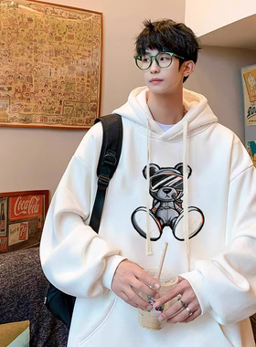 白色重磅卫衣男款连帽秋冬款美式潮牌少年感痞帅宽松百搭休闲外套