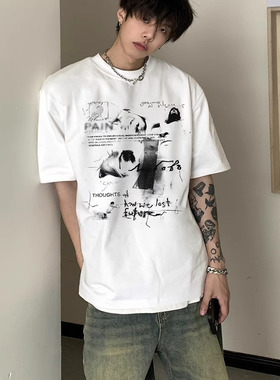 白色美式重磅纯棉短袖t恤男复古痞帅炸街2025新款宽松半袖上衣服