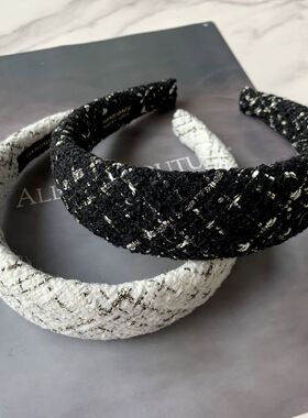 韩国高级感黑色粗花呢高颅顶宽发箍小香风白色厚海绵头箍冬头饰女