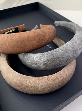 复古高级感pu皮质高颅顶宽发箍驼色厚海绵头箍灰色洋气发饰头饰女