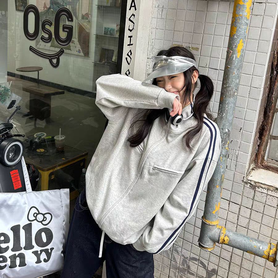 美式小众双拉链开衫立领卫衣女宽松百搭双杠分割外套