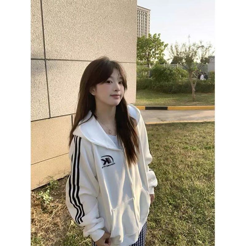 美式白色三杆连帽卫衣女春秋款秋季2026外套