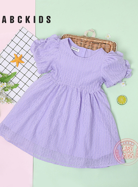 abckids童装女童公主裙夏季泡泡袖连衣裙商场新款女孩紫色A字裙子