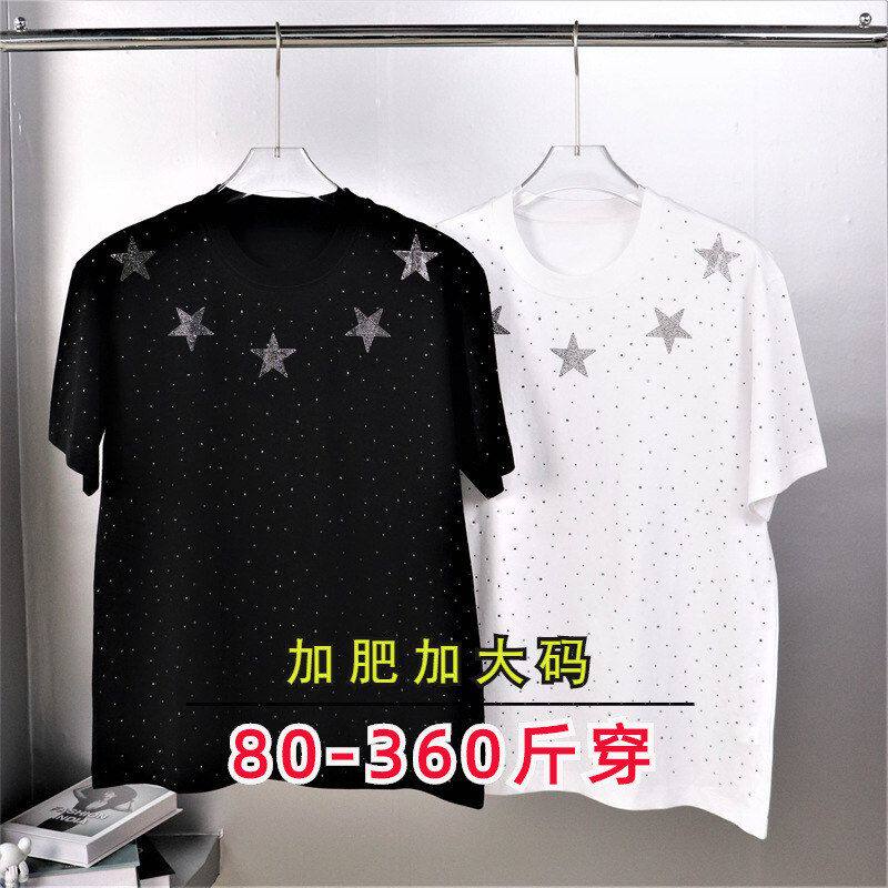 欧美街头潮牌重工烫钻领五角星全身满星空T恤中裤套装加肥加大码