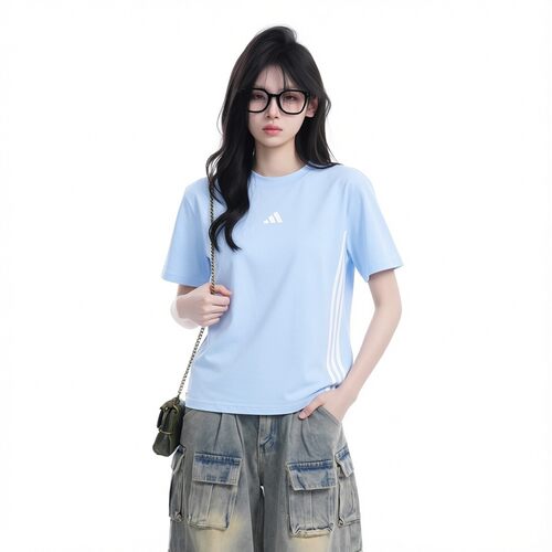 阿迪达斯三条纹短袖女装2026夏季新款蓝色圆领半袖运动服透气T恤