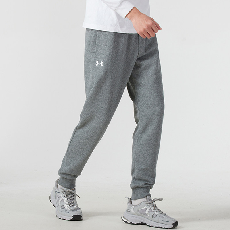安德玛抓绒裤子男灰色长裤男裤春季新款保暖跑步运动裤加绒束脚裤