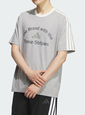 阿迪达斯灰色短袖男装春季休闲半袖圆领T恤衫运动服五分袖KF2479