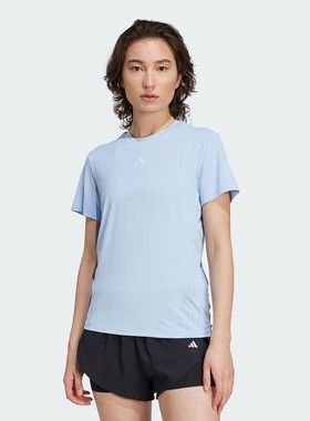 阿迪达斯蓝色短袖女装圆领休闲半袖跑步训练运动服透气T恤KB9927