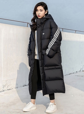 阿迪达斯过膝长款羽绒服男女款25冬季三叶草加厚羽绒外套KC2564