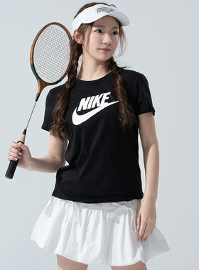 耐克女士短袖黑2025新款官方正品休闲圆领体恤纯棉透气半袖DX7907
