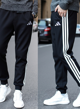 阿迪达斯加绒男裤2025冬季黑色三条纹运动小脚长裤休闲卫裤JD1861