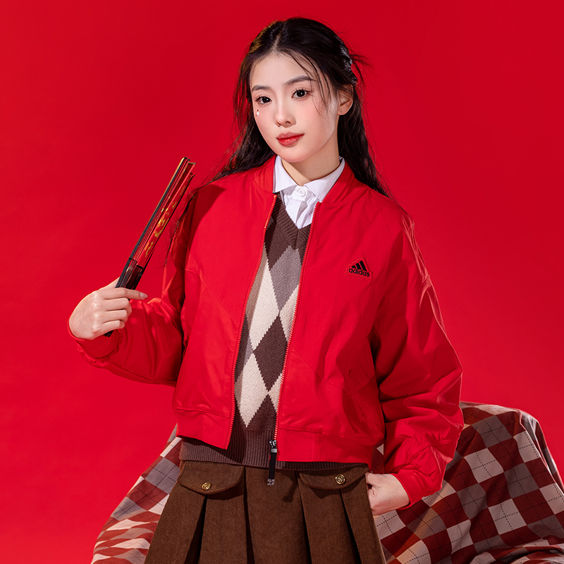 阿迪达斯加绒夹克女官方旗舰2025龙年新款红色保暖外套立领运动服
