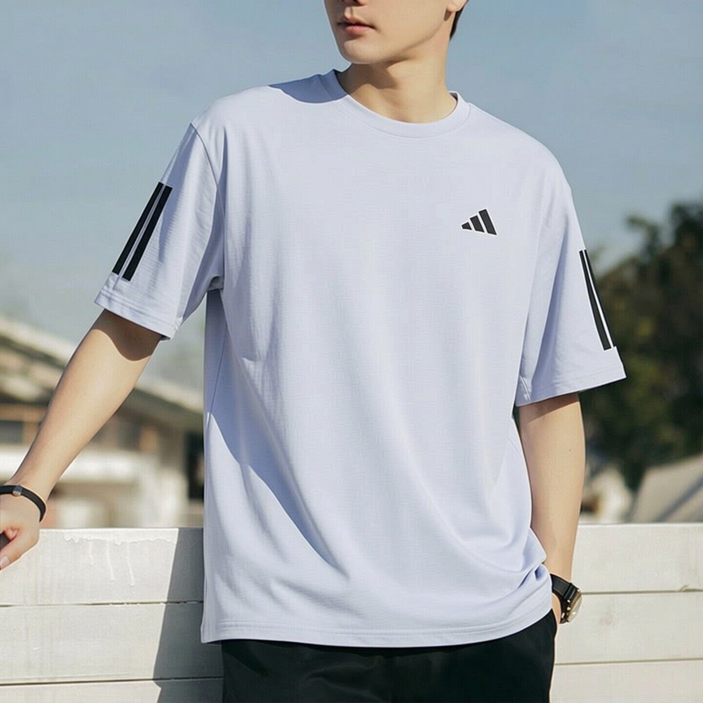 阿迪达斯短袖男2026夏季新款健身服快干跑步运动服三条纹圆领T恤