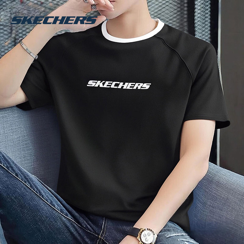 斯凯奇正品男女同款运动短袖t恤跑步健身休闲半截袖黑色时尚上衣