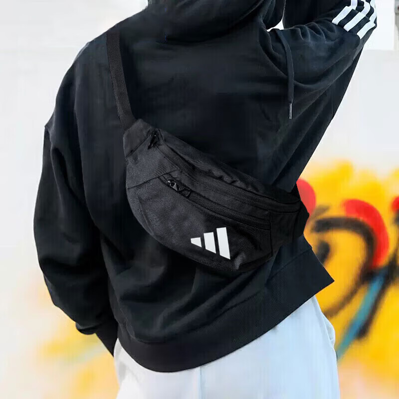 阿迪达斯黑色腰包男包女包秋季新款情侣斜挎包单肩包胸包JM7155