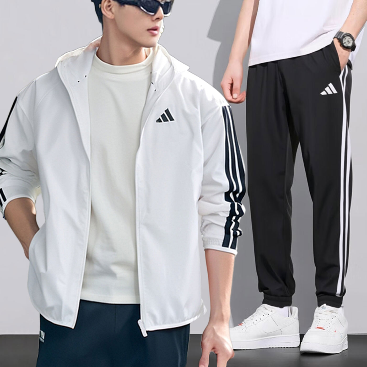 阿迪达斯套装男秋季新款三条纹连帽外套训练裤子梭织运动服两件套
