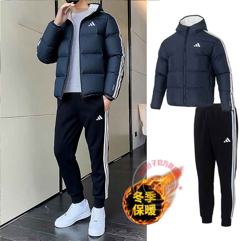 阿迪达斯运动套装男冬季新款两面穿连帽羽绒服针织保暖三条纹裤子