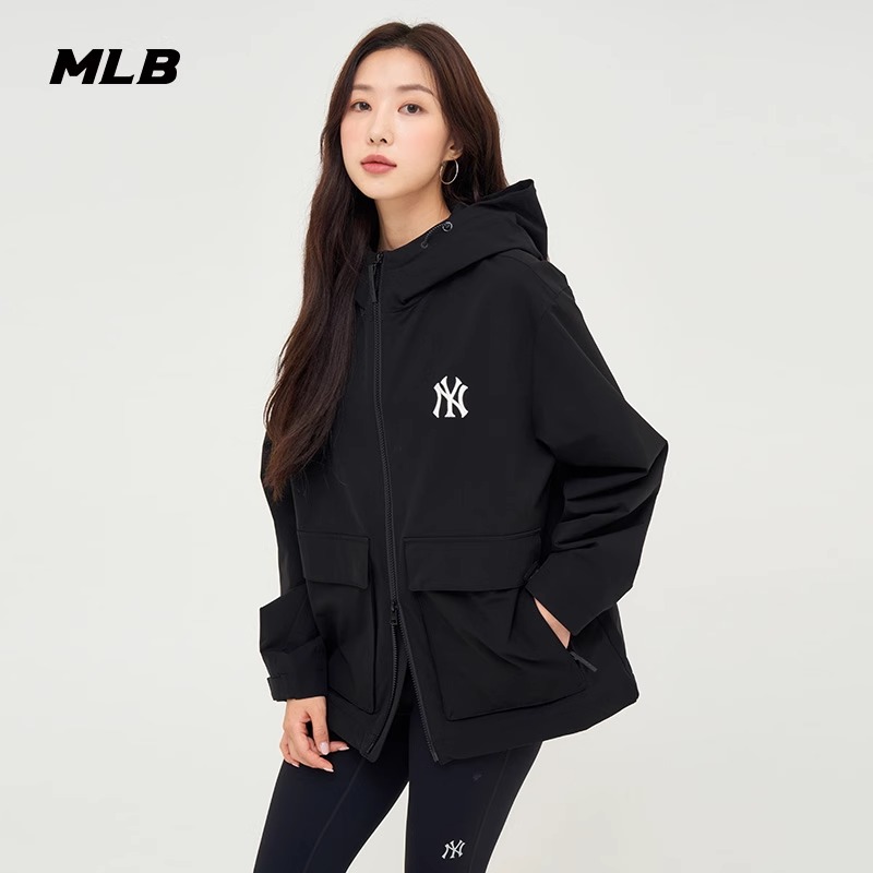 MLB官方 梭织连帽夹克男装女装情侣经典NY小标大口袋工装休闲外套