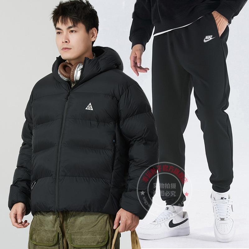 Nike耐克运动套装男秋季新款连帽棉服棉袄保暖针织加绒长裤两件套