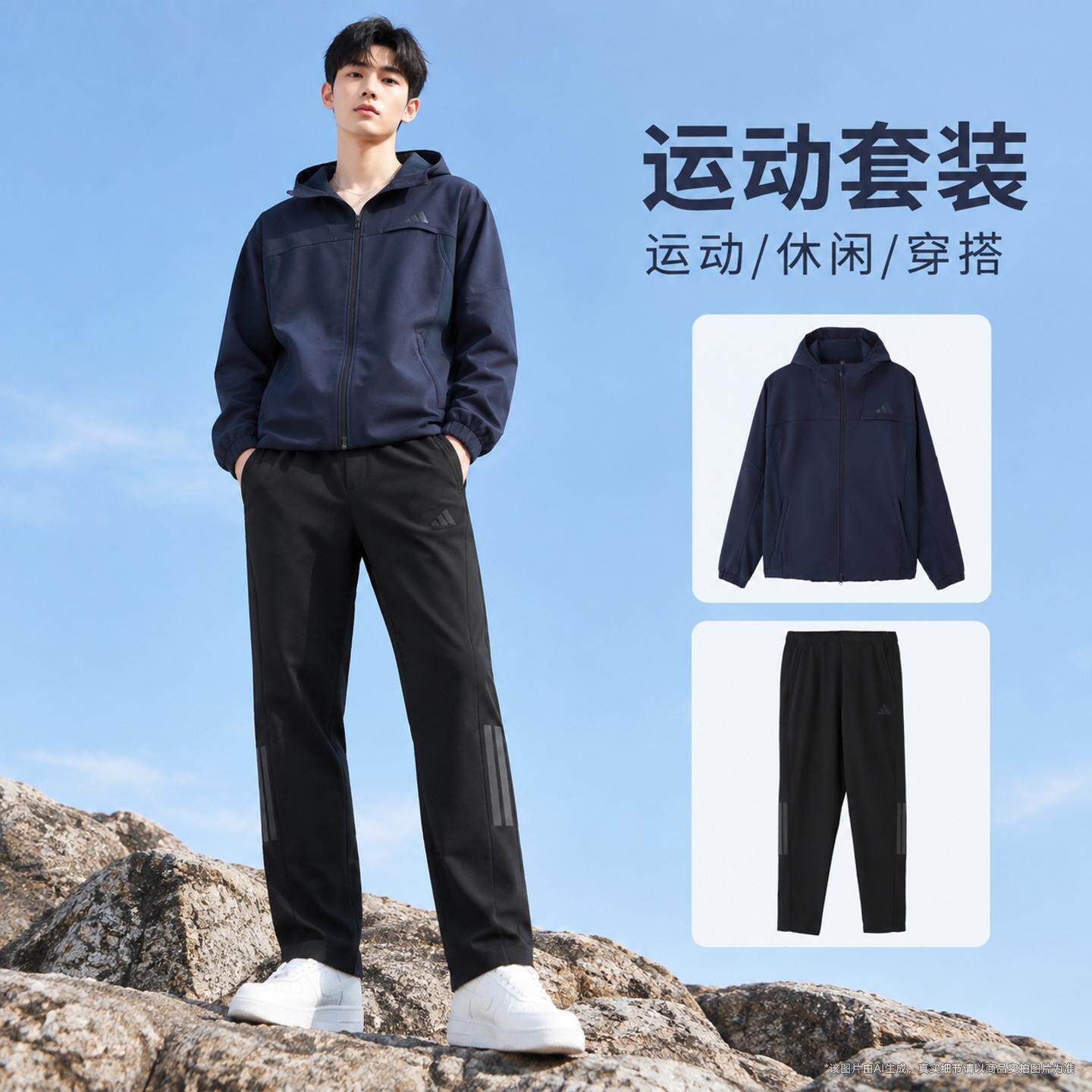 阿迪达斯男装外套冬季新款连帽运动服休闲加绒夹克长裤子运动套装