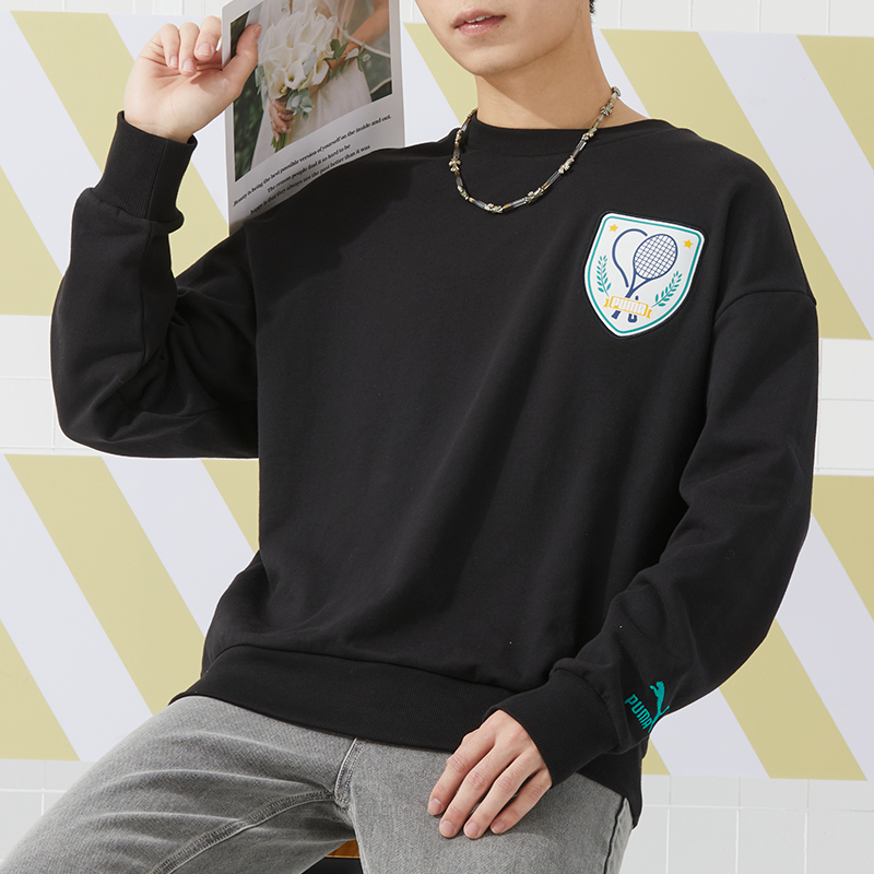 PUMA彪马黑色卫衣男装跑步运动服宽松休闲套头衫男士上衣625802