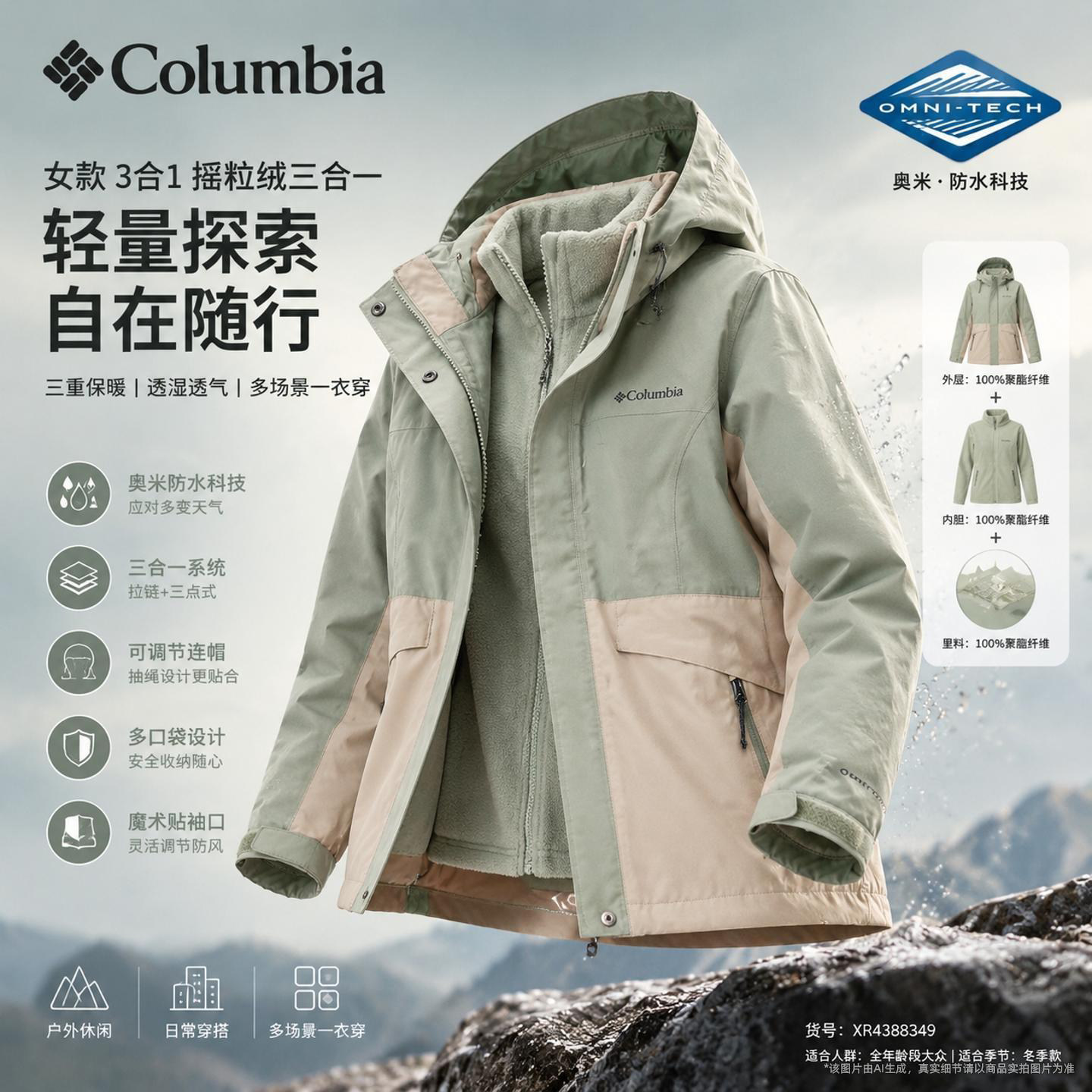 幸运叶子丨哥伦比亚三合一冲锋衣女防水外套户外徒步登山保暖上衣