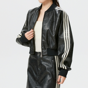 阿迪达斯三叶草黑色皮衣外套女装春季新款短款休闲运动服时尚夹克