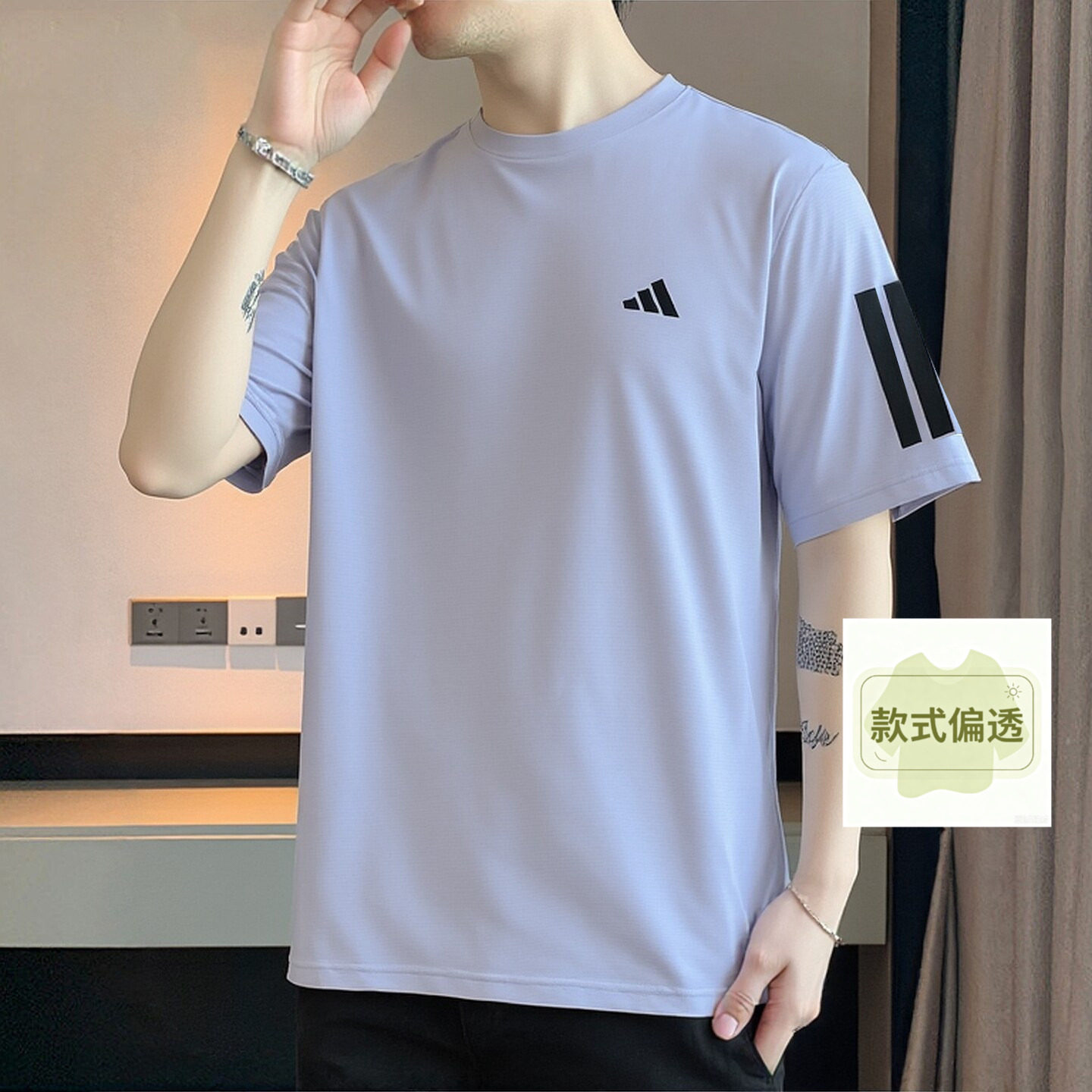 阿迪达斯T恤男装 2026夏季新款健身服跑步运动透气三条纹快干短袖
