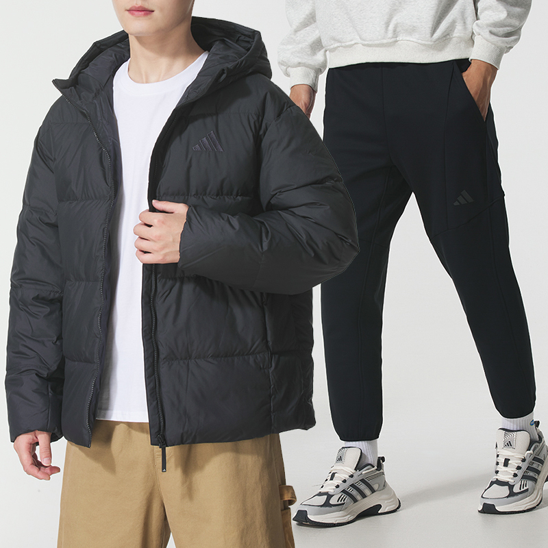 阿迪达斯运动套装男装冬季新款连帽羽绒服保暖针织加绒裤子两件套