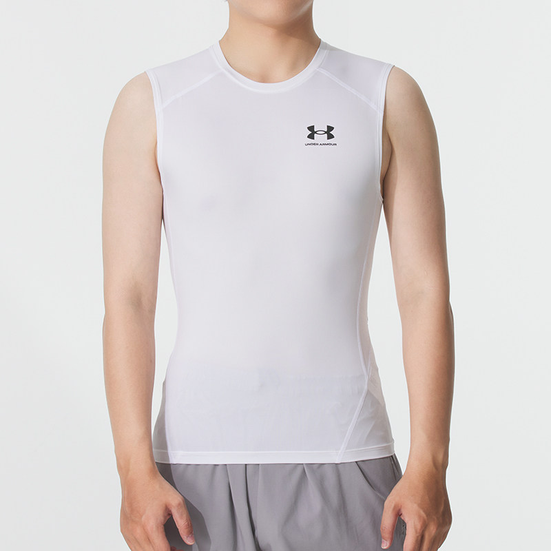 UA安德玛男子训练背心男子白色透气紧身衣健身跑步运动服无袖T恤