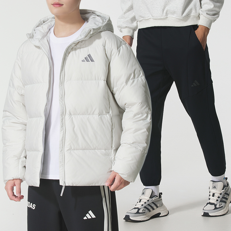 阿迪达斯运动套装男冬季新款连帽宽松羽绒服外套针织加绒保暖裤子