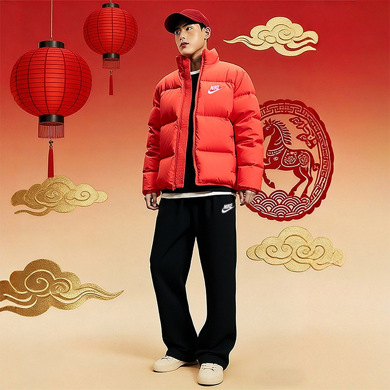 NIKE耐克运动套装男装本命年红色加厚面包服裤子男冬季羽绒服外套