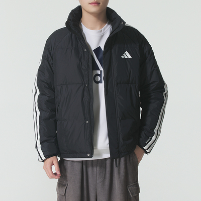 阿迪达斯立领羽绒服男装2025冬季新款保暖运动服三条纹夹克KC2487