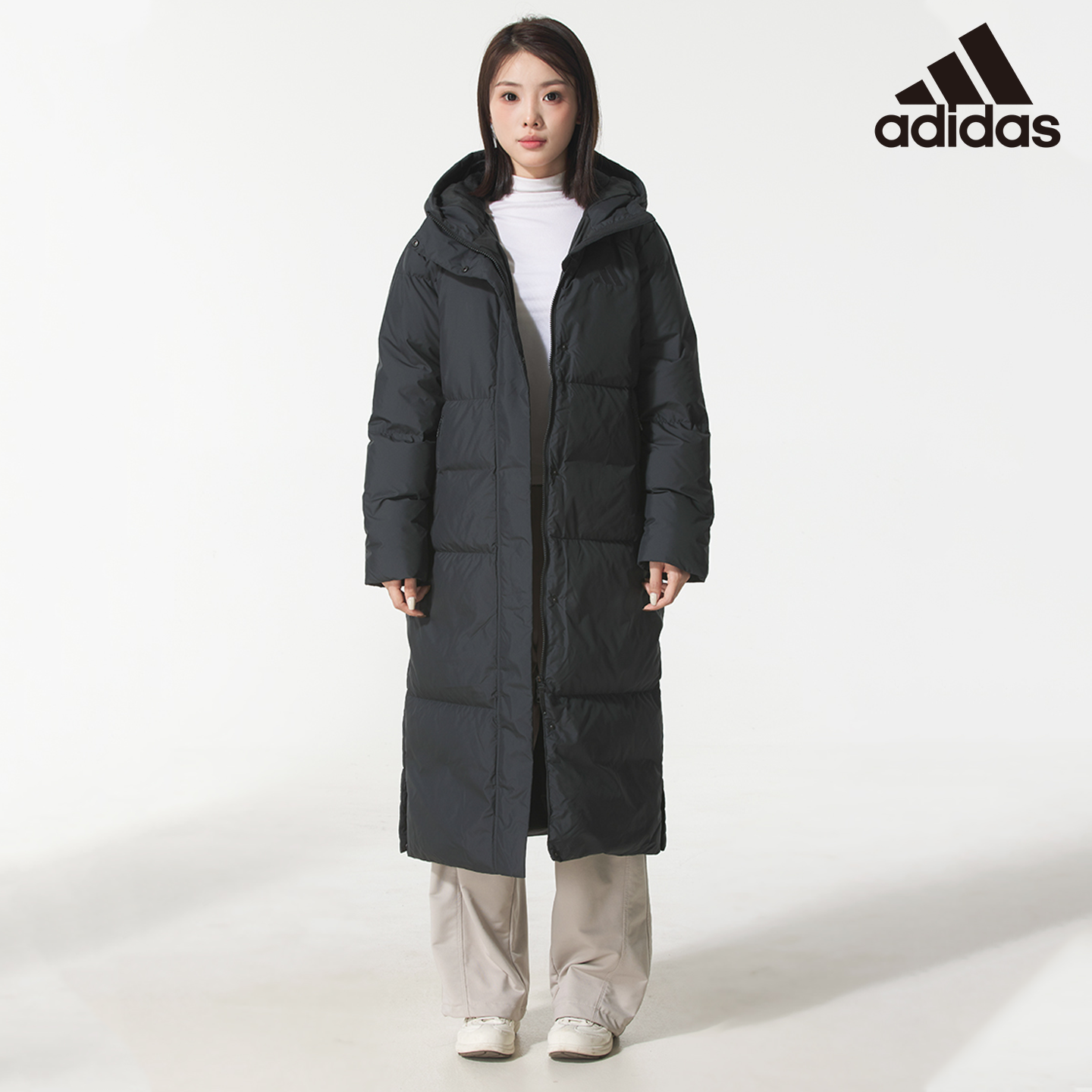 Adidas阿迪达斯长款连帽羽绒服女装官方正品新款保暖外套女JV6197
