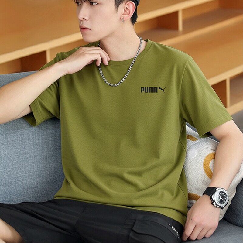 PUMA彪马军绿色短袖男装夏季男士纯棉圆领宽松半袖大码潮运动t恤