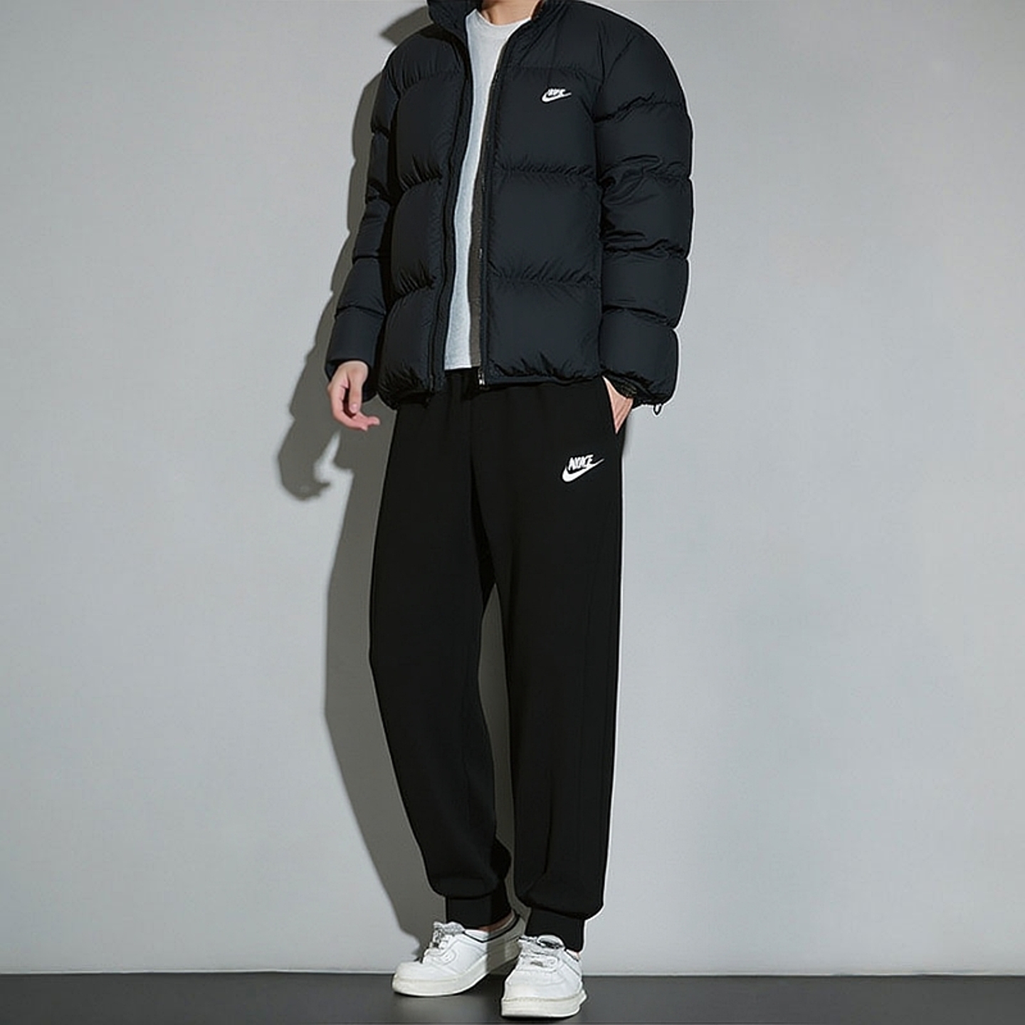 NIKE耐克运动套装男款面包服羽绒夹克防风保暖外套加绒长裤两件套