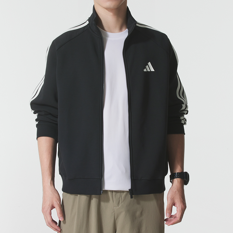 阿迪达斯立领夹克男装2025新款黑色休闲运动服跑步外套上衣KC2884