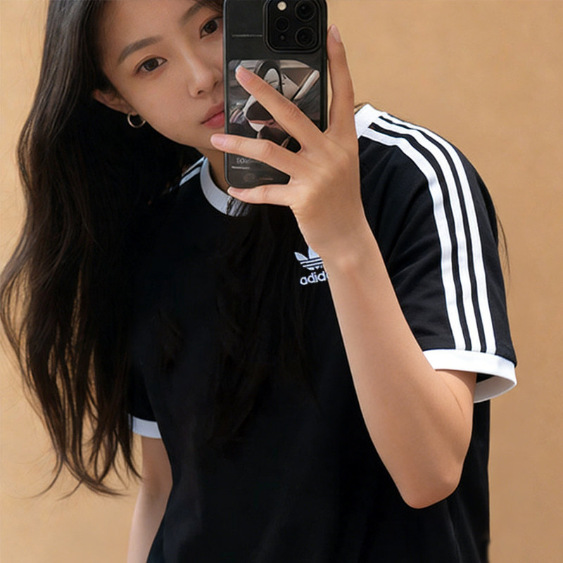 阿迪达斯三叶草黑色短袖男装休闲圆领半袖透气T恤衫运动服五分袖