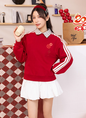 阿迪达斯蛇年新年款CNY红色卫衣女装外套圆领长袖套头衫 JZ1663