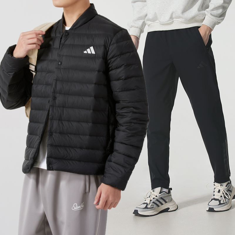 阿迪达斯运动套装男冬季新款保暖排骨羽绒服梭织加绒长裤休闲裤子
